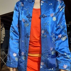 Floral Blue Satin Jacket Chinese Vintage Reversible
